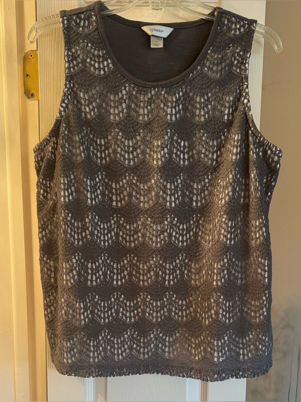 CJ Banks Gray Crochet Lace Tank Top with White Lining